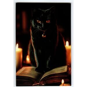 Black Cat Stares with Candlelight & Book Vintage Photochrome Postcard 5.5x4